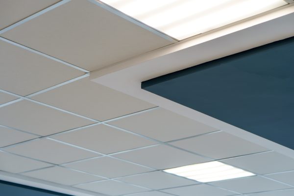 Square,Lamp,On,A,White,Office,Ceiling.,Interior,Design,In